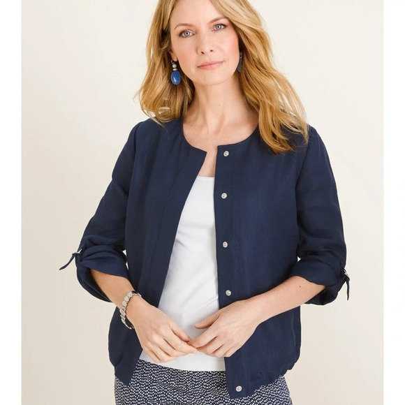 Chico’s 100% Linen Utility Jacket Lightweight 3/4 Sleeve Roll Tab Navy Size 8/10 - Picture 1 of 14